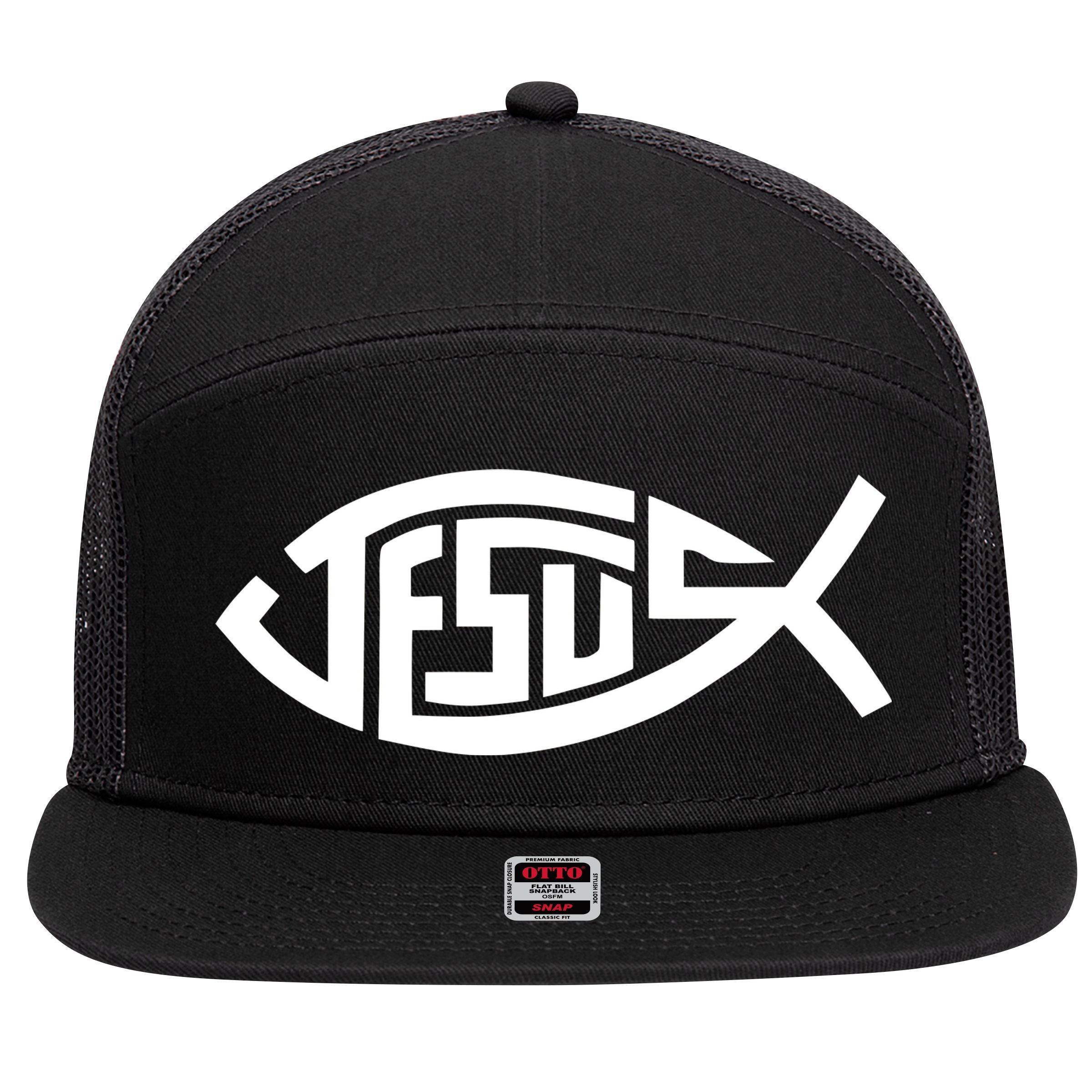 Jesus Fish Logo 7 Panel Mesh Trucker Snapback Hat