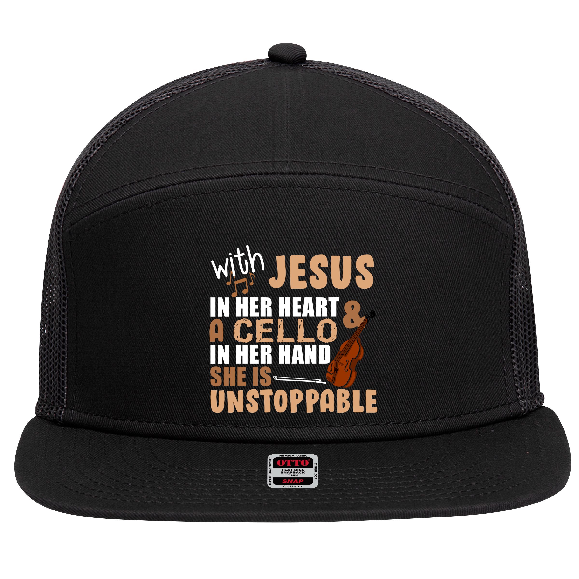 Jesus In Her Heart Cello In Her Hand 7 Panel Mesh Trucker Snapback Hat