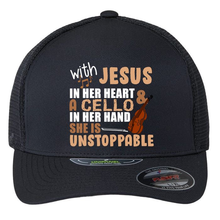 Jesus In Her Heart Cello In Her Hand Flexfit Unipanel Trucker Cap