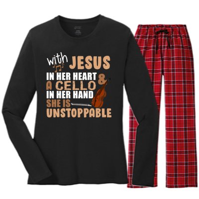 Jesus In Her Heart Cello In Her Hand Women's Long Sleeve Flannel Pajama Set 