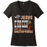 Jesus In Her Heart Cello In Her Hand Women's V-Neck T-Shirt