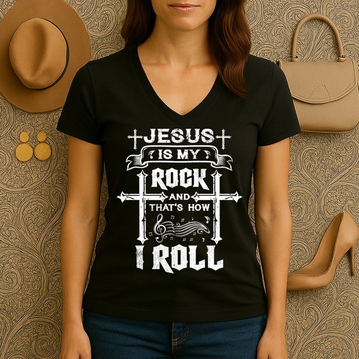 Jesus Is My Rock And Roll Christian  Women's V-Neck T-Shirt