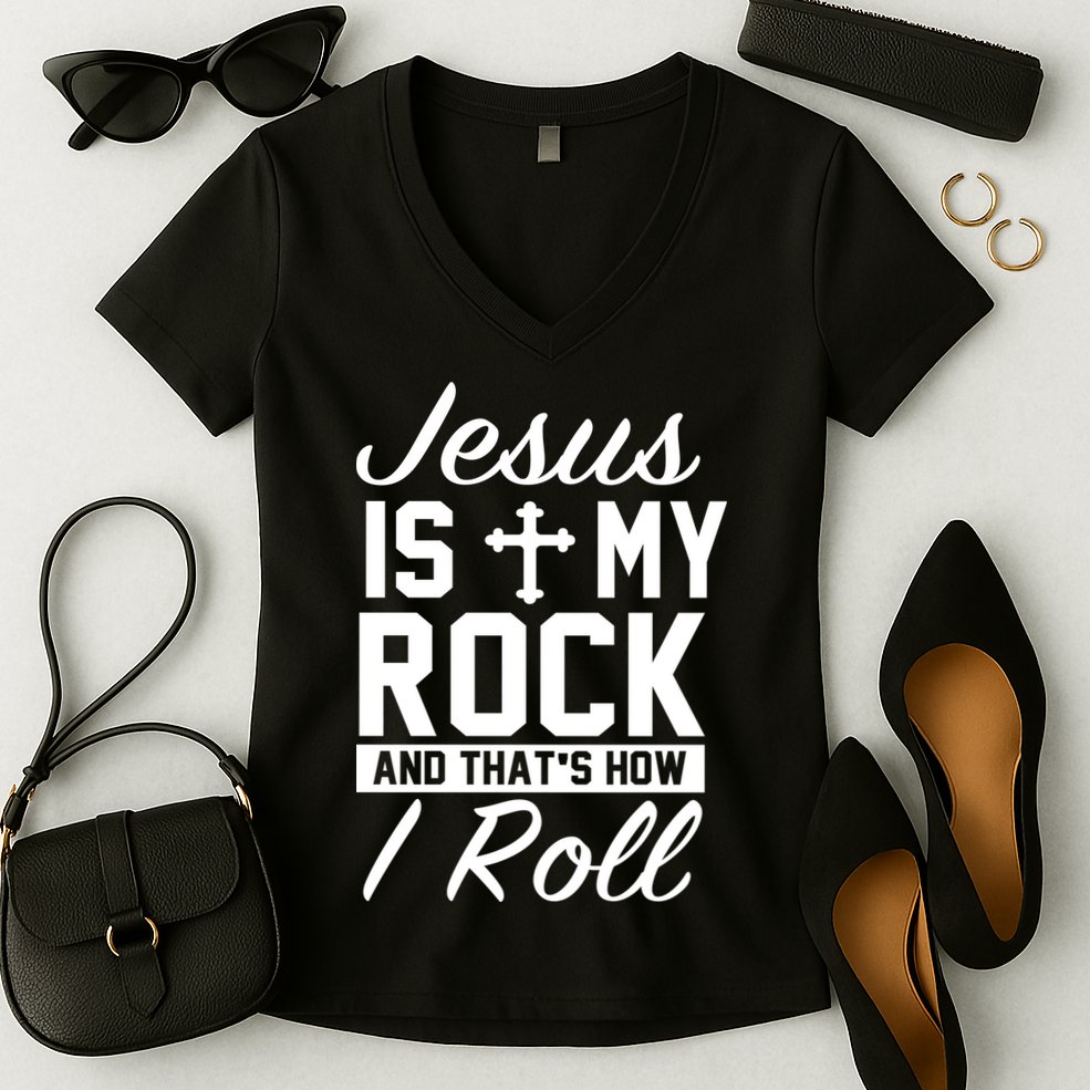 Jesus Is My Rock And That's How I Roll Women's V-Neck T-Shirt