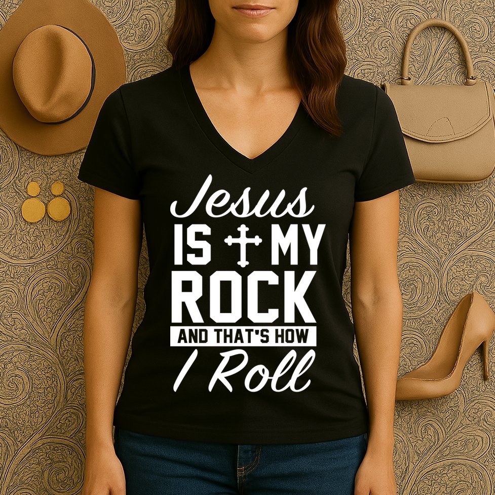 Jesus Is My Rock And That's How I Roll Women's V-Neck T-Shirt
