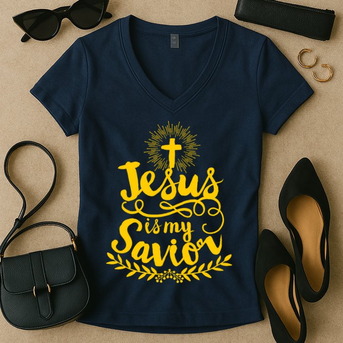 Jesus Is My Savior Cross Christian Women's V-Neck T-Shirt