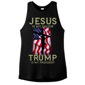 Jesus Is My Savior Trump Is My President American Cross Ladies PosiCharge Tri-Blend Wicking Tank