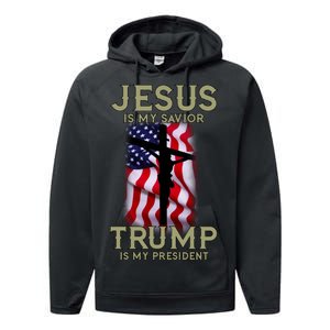 Jesus Is My Savior Trump Is My President American Cross Performance Fleece Hoodie