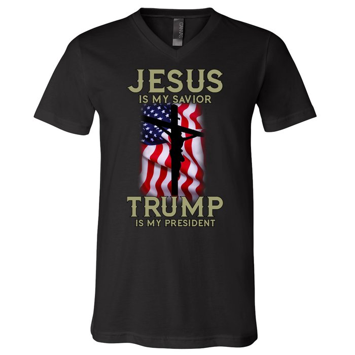 Jesus Is My Savior Trump Is My President American Cross V-Neck T-Shirt