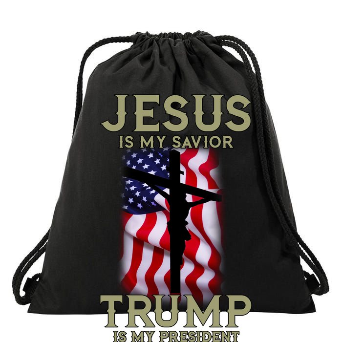 Jesus Is My Savior Trump Is My President American Cross Drawstring Bag