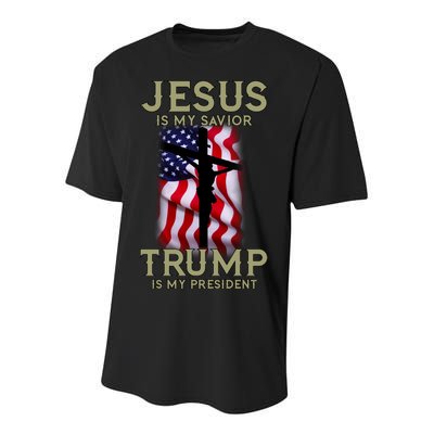 Jesus Is My Savior Trump Is My President American Cross Youth Performance Sprint T-Shirt