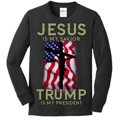 Jesus Is My Savior Trump Is My President American Cross Kids Long Sleeve Shirt