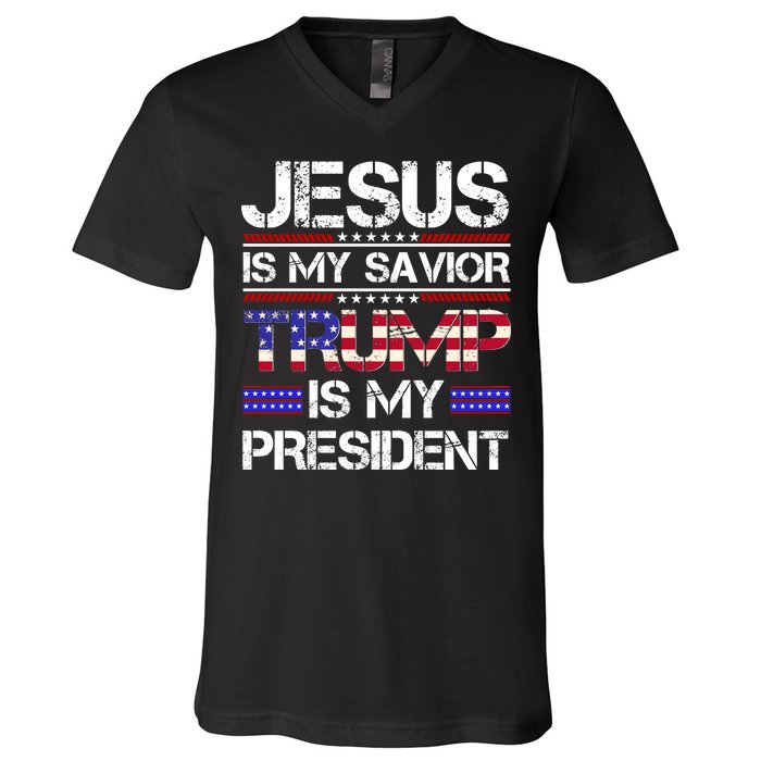 Jesus Is My Savior Trump Is My President Christian V-Neck T-Shirt