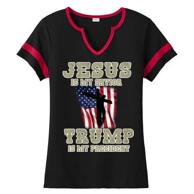 Jesus Is My Savior Trump Is My President Patriotic Flag Ladies Halftime Notch Neck Tee