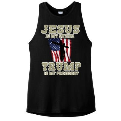 Jesus Is My Savior Trump Is My President Patriotic Flag Ladies PosiCharge Tri-Blend Wicking Tank