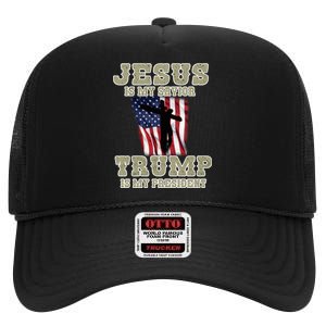 Jesus Is My Savior Trump Is My President Patriotic Flag High Crown Mesh Back Trucker Hat