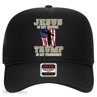 Jesus Is My Savior Trump Is My President Patriotic Flag High Crown Mesh Back Trucker Hat