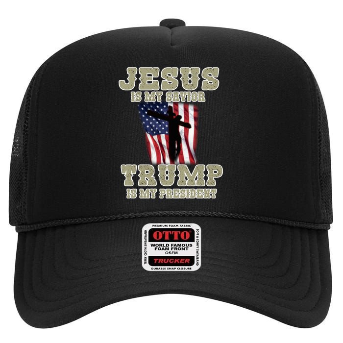 Jesus Is My Savior Trump Is My President Patriotic Flag High Crown Mesh Back Trucker Hat