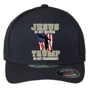 Jesus Is My Savior Trump Is My President Patriotic Flag Flexfit Unipanel Trucker Cap