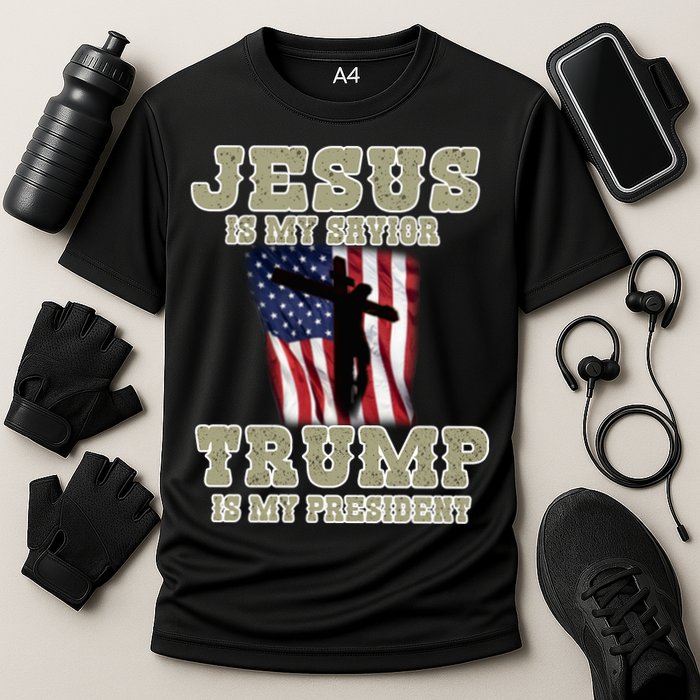 Jesus Is My Savior Trump Is My President Patriotic Flag Cooling Performance Crew T-Shirt