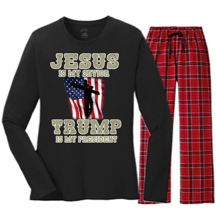 Jesus Is My Savior Trump Is My President Patriotic Flag Women's Long Sleeve Flannel Pajama Set 