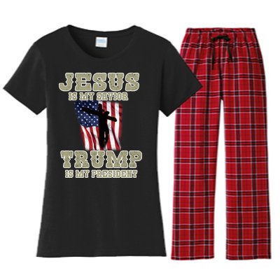 Jesus Is My Savior Trump Is My President Patriotic Flag Women's Flannel Pajama Set