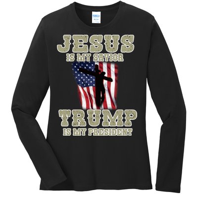 Jesus Is My Savior Trump Is My President Patriotic Flag Ladies Long Sleeve Shirt