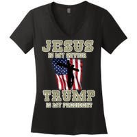 Jesus Is My Savior Trump Is My President Patriotic Flag Women's V-Neck T-Shirt