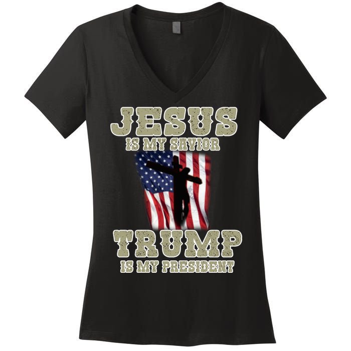 Jesus Is My Savior Trump Is My President Patriotic Flag Women's V-Neck T-Shirt