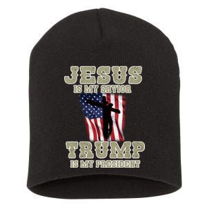 Jesus Is My Savior Trump Is My President Patriotic Flag Short Acrylic Beanie