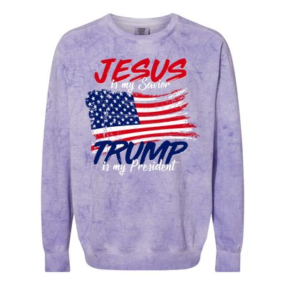 Jesus Is My Savior Trump Is My President USA Flag Colorblast Crewneck Sweatshirt