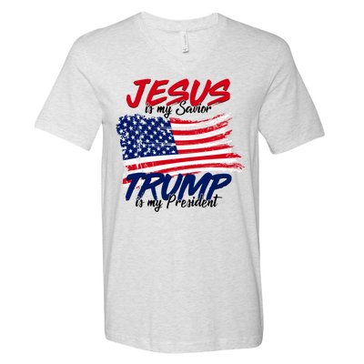 Jesus Is My Savior Trump Is My President USA Flag V-Neck T-Shirt