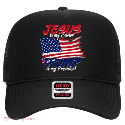 Jesus Is My Savior Trump Is My President USA Flag High Crown Mesh Back Trucker Hat