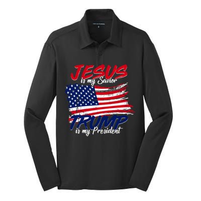 Jesus Is My Savior Trump Is My President USA Flag Silk Touch Performance Long Sleeve Polo