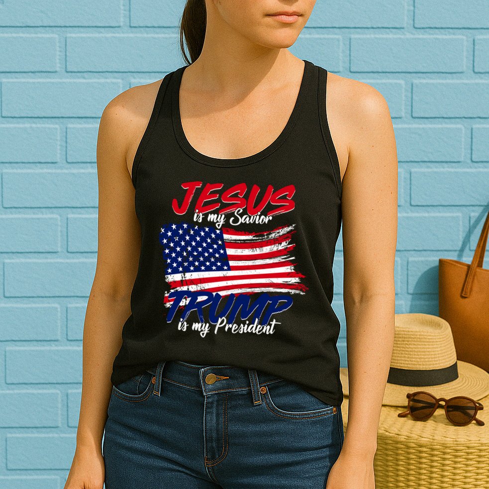 Jesus Is My Savior Trump Is My President USA Flag Womens Tank Top