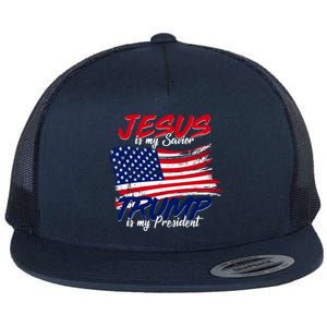 Jesus Is My Savior Trump Is My President USA Flag Flat Bill Trucker Hat