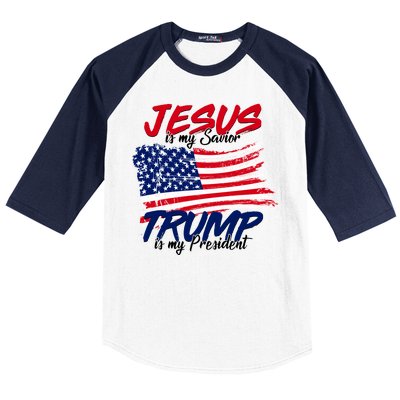 Jesus Is My Savior Trump Is My President USA Flag Baseball Sleeve Shirt