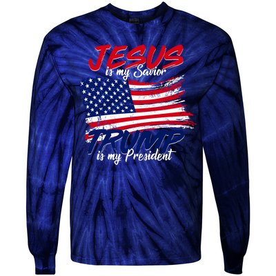 Jesus Is My Savior Trump Is My President USA Flag Tie-Dye Long Sleeve Shirt