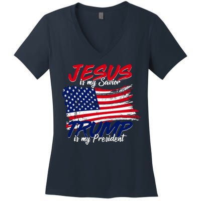 Jesus Is My Savior Trump Is My President USA Flag Women's V-Neck T-Shirt