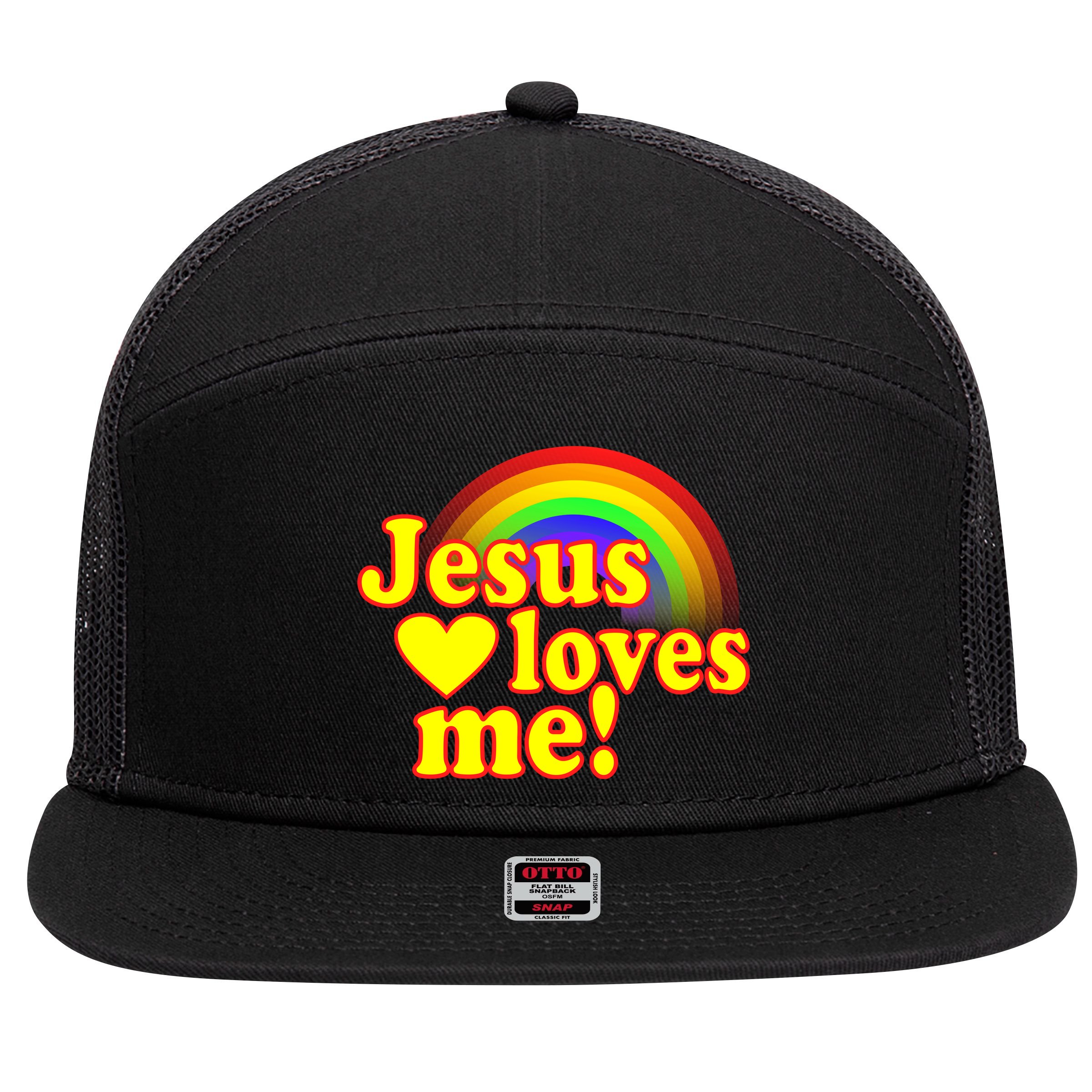Jesus Loves Me Cool Rainbow 7 Panel Mesh Trucker Snapback Hat