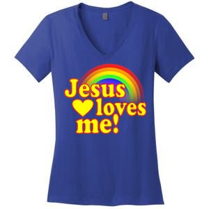 Jesus Loves Me Cool Rainbow Women's V-Neck T-Shirt