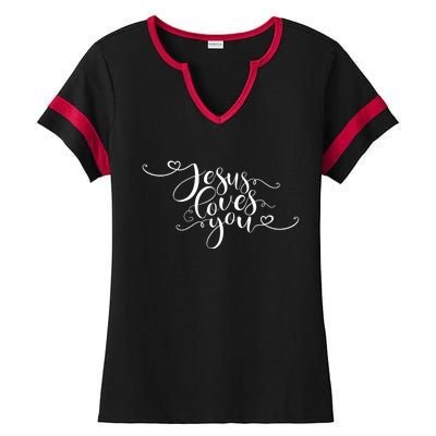 Jesus Loves You Cursive Style Ladies Halftime Notch Neck Tee