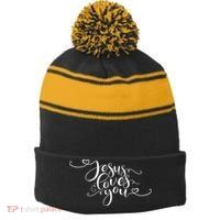 Jesus Loves You Cursive Style Stripe Pom Pom Beanie