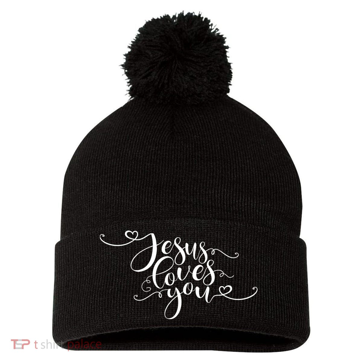 Jesus Loves You Cursive Style Pom Pom 12in Knit Beanie