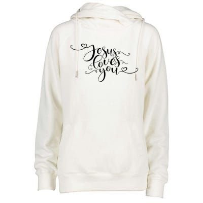 Jesus Loves You Cursive Style Womens Funnel Neck Pullover Hood