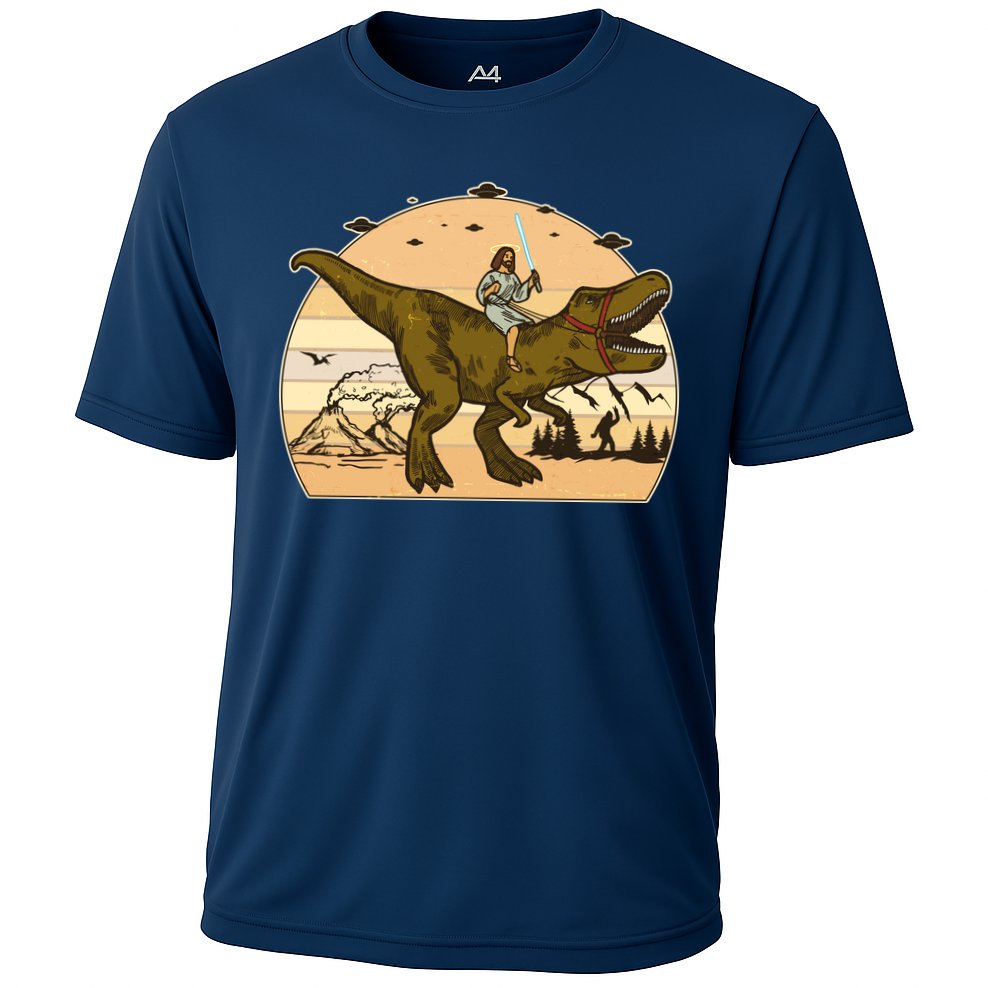 Jesus Riding T-Rex Dinosaur Funny Vintage Performance Shirt