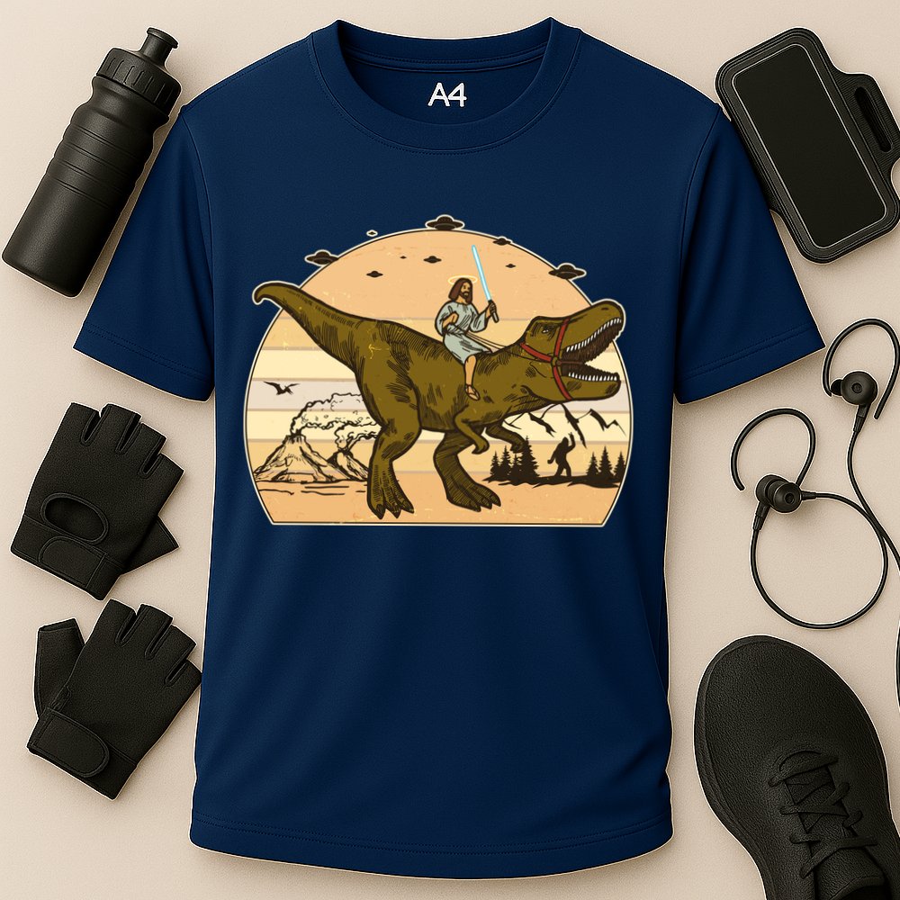 Jesus Riding T-Rex Dinosaur Funny Vintage Performance Shirt