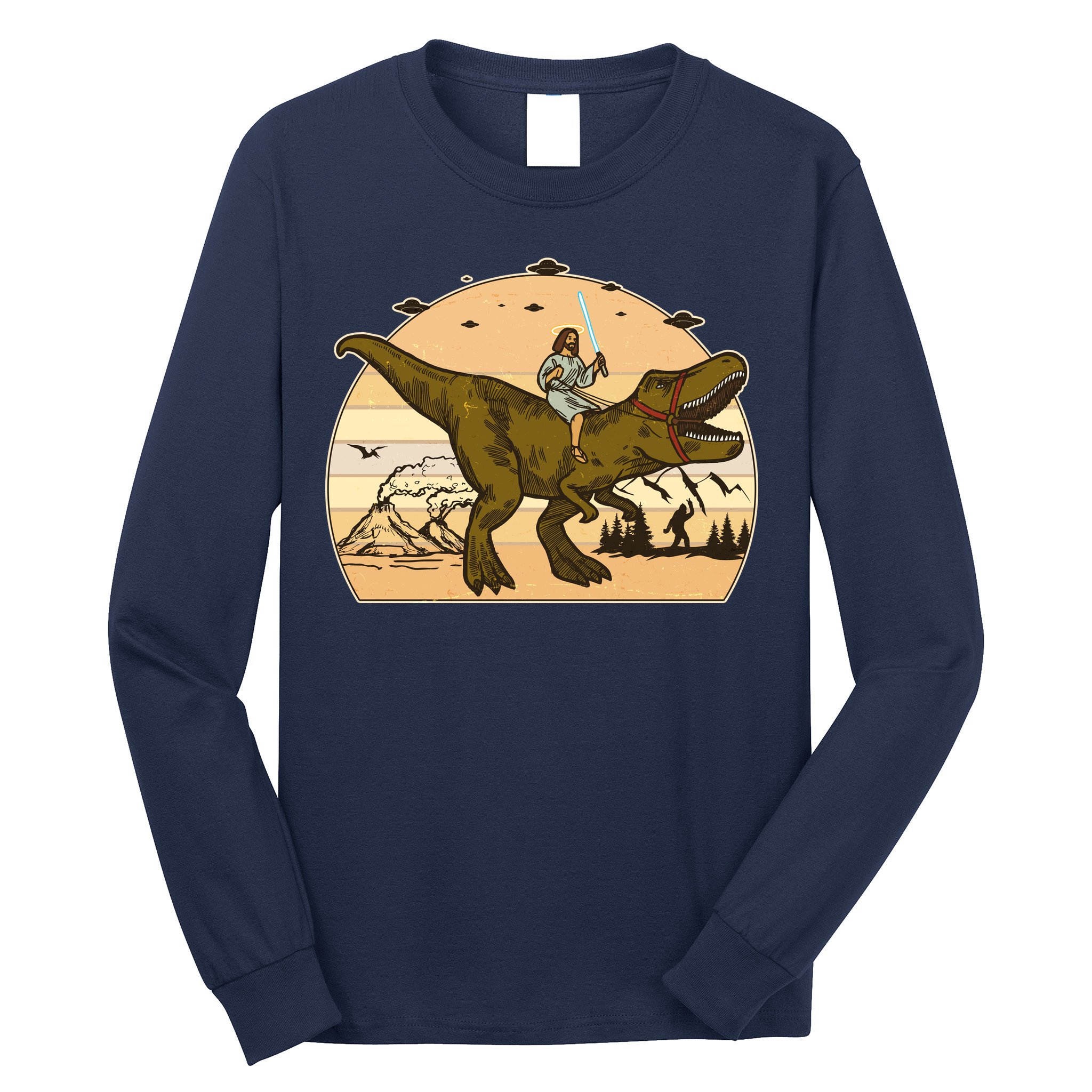 Jesus Riding T-Rex Dinosaur Funny Vintage Long Sleeve Shirt