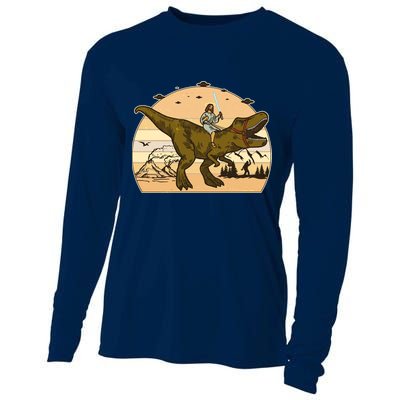 Jesus Riding T-Rex Dinosaur Funny Vintage Cooling Performance Long Sleeve Crew