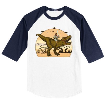 Jesus Riding T-Rex Dinosaur Funny Vintage Baseball Sleeve Shirt