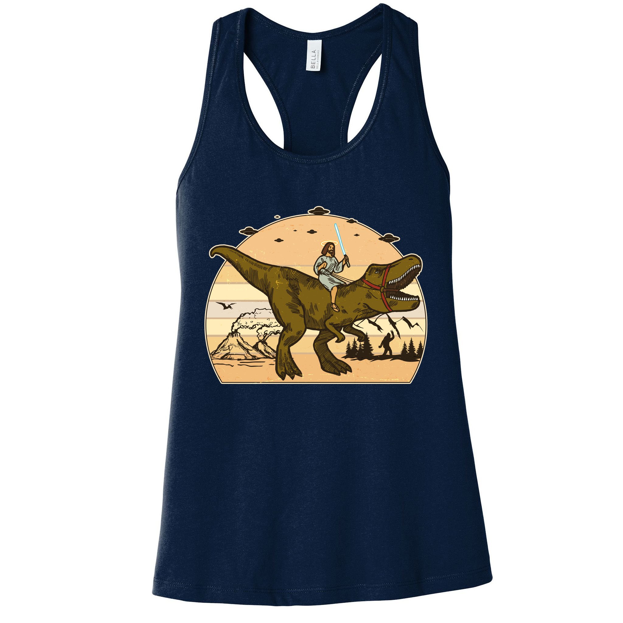 Jesus Riding T-Rex Dinosaur Funny Vintage Womens Tank Top